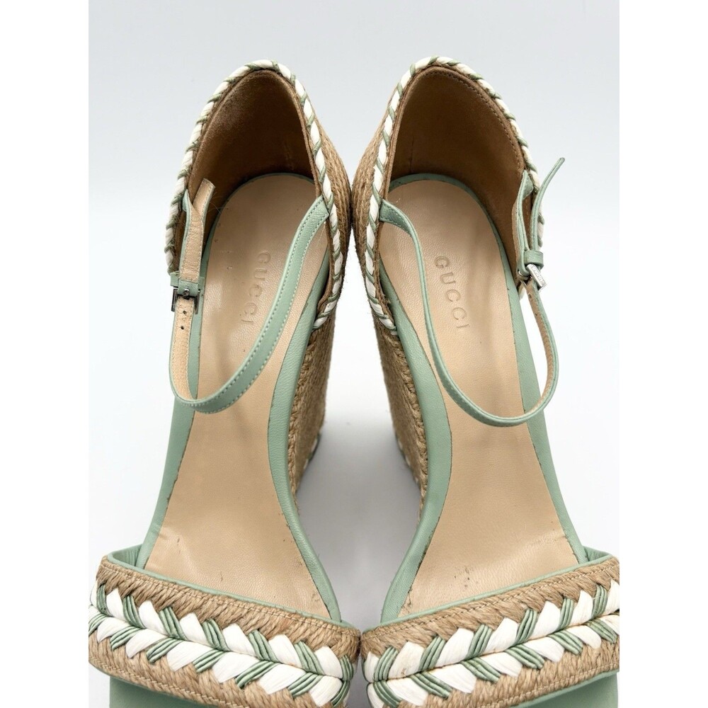 Gucci Light Green Leather & Rattan Wedge Espadrille Sandals Sz EU 38 - Picture 8 of 12